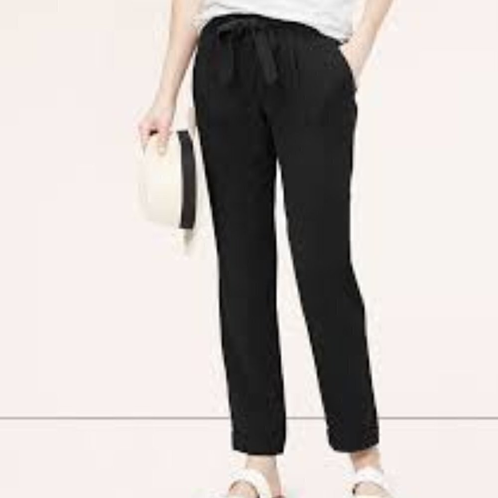 Ann Taylor LOFT Pant Trouser Linen Tie Waist Black Pocket Travel Summer Light 4